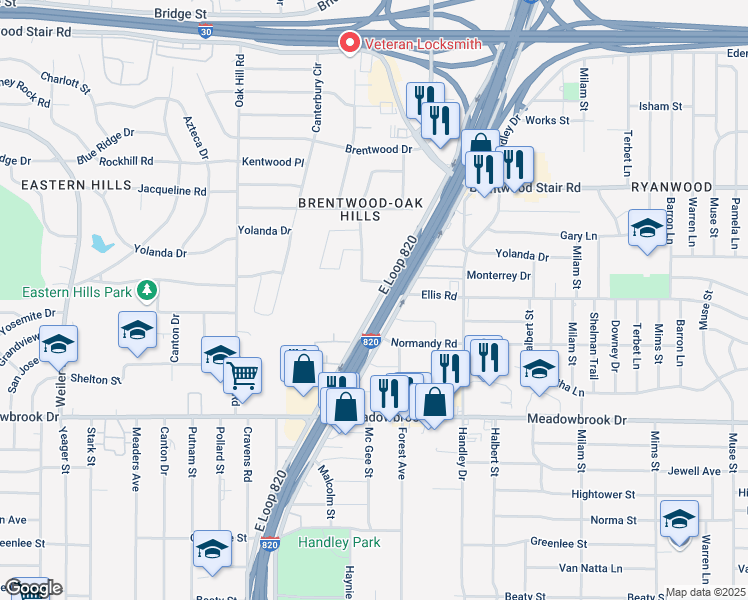 map of restaurants, bars, coffee shops, grocery stores, and more near 1865 Sheffield Place in Fort Worth