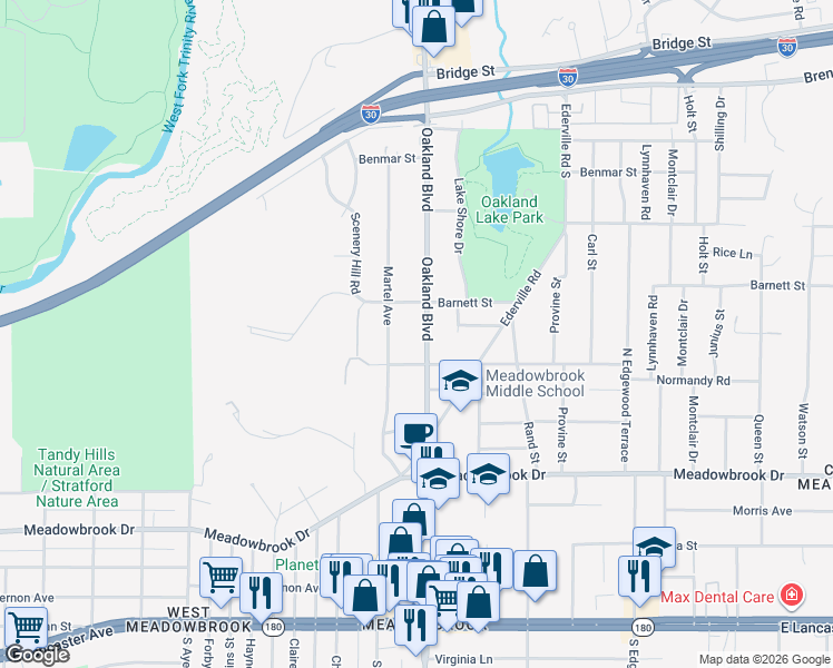 map of restaurants, bars, coffee shops, grocery stores, and more near 1801 Oakland Boulevard in Fort Worth