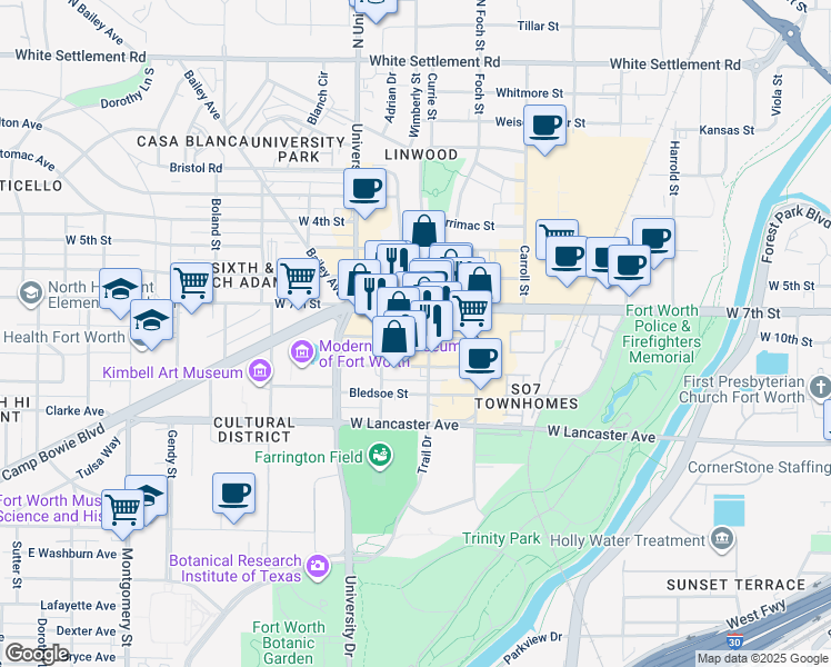 map of restaurants, bars, coffee shops, grocery stores, and more near 2913 West 7th Street in Fort Worth