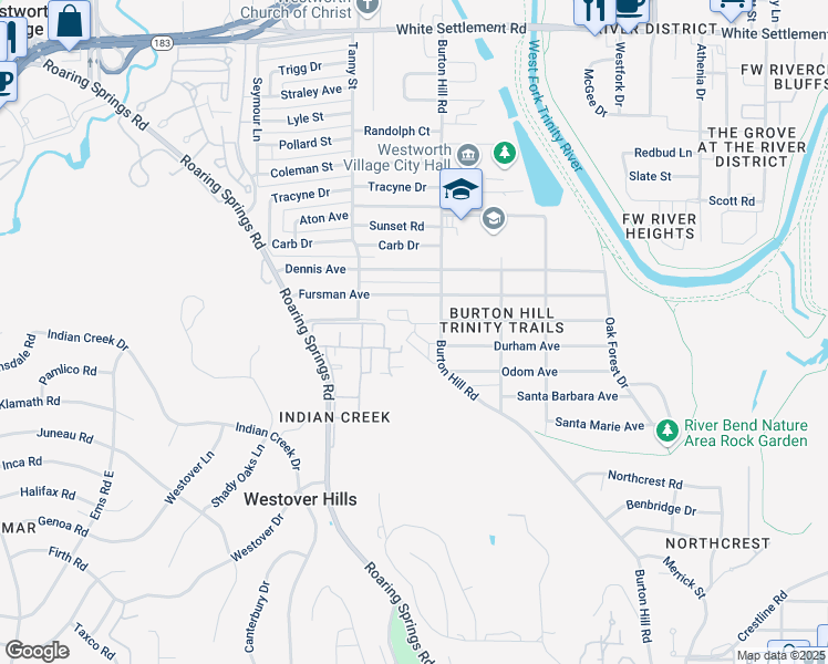 map of restaurants, bars, coffee shops, grocery stores, and more near 916 Burton Hill Road in Fort Worth