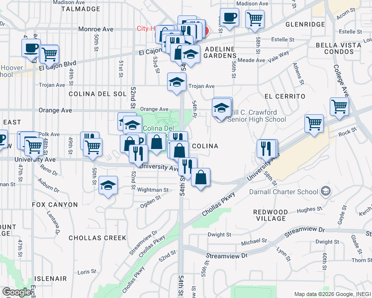 map of restaurants, bars, coffee shops, grocery stores, and more near 4062 Union Square Lane in San Diego