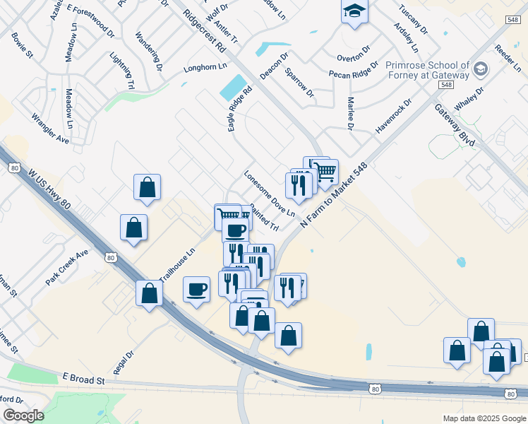 map of restaurants, bars, coffee shops, grocery stores, and more near 108 Cowboy Drive in Forney