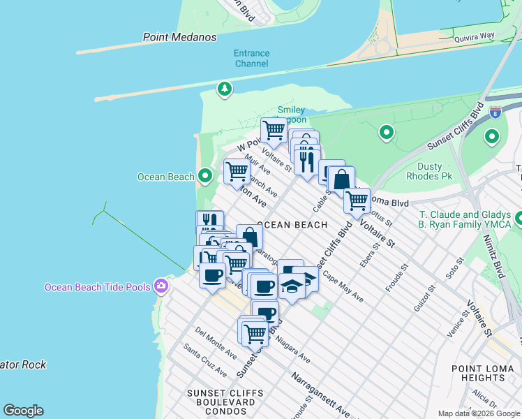 map of restaurants, bars, coffee shops, grocery stores, and more near 5050 Brighton Avenue in San Diego