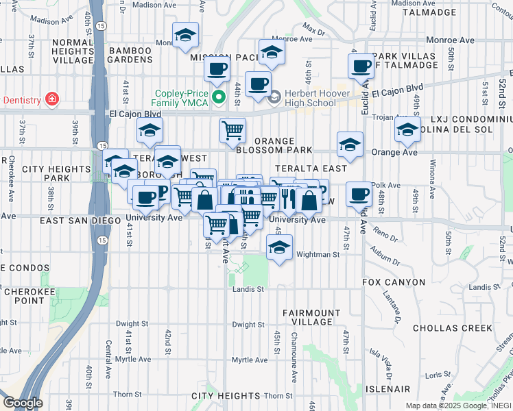 map of restaurants, bars, coffee shops, grocery stores, and more near 4036 Highland Avenue in San Diego