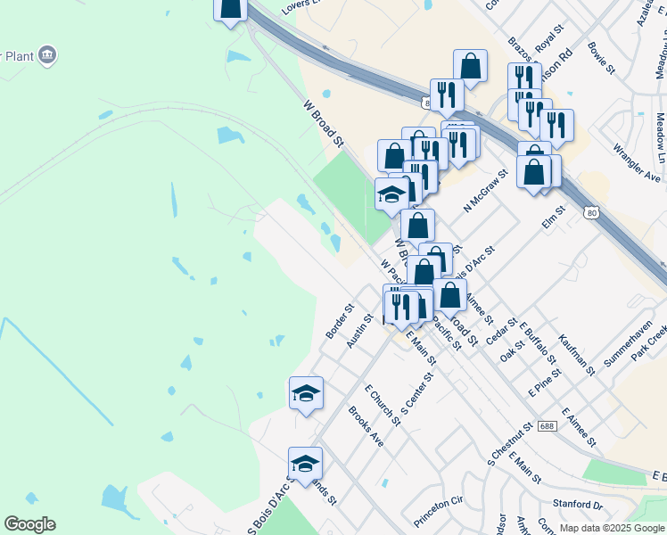 map of restaurants, bars, coffee shops, grocery stores, and more near 314 West Trinity Street in Forney