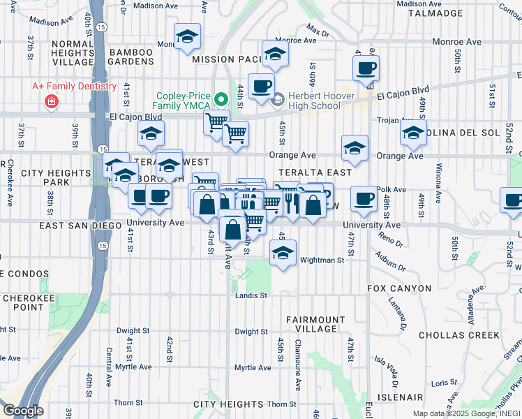 map of restaurants, bars, coffee shops, grocery stores, and more near 4036 Highland Avenue in San Diego