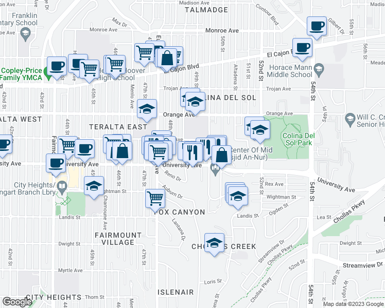 map of restaurants, bars, coffee shops, grocery stores, and more near 4079 Estrella Avenue in San Diego