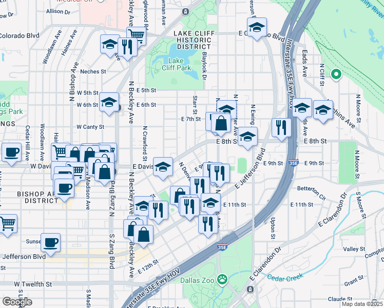 map of restaurants, bars, coffee shops, grocery stores, and more near 300 Starr Street in Dallas