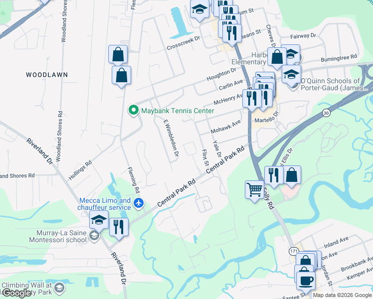 map of restaurants, bars, coffee shops, grocery stores, and more near 508 East Wimbledon Drive in Charleston