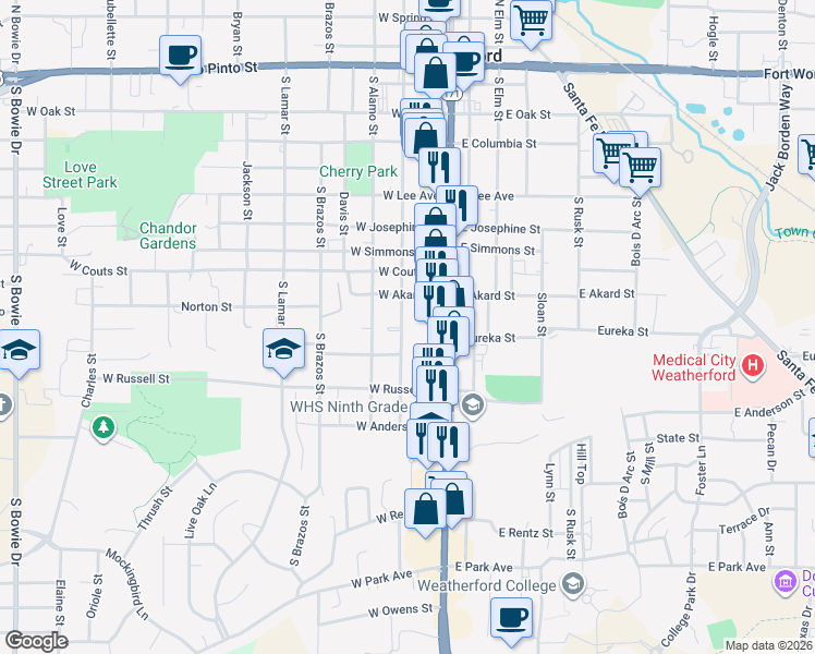 map of restaurants, bars, coffee shops, grocery stores, and more near 815 South Waco Street in Weatherford