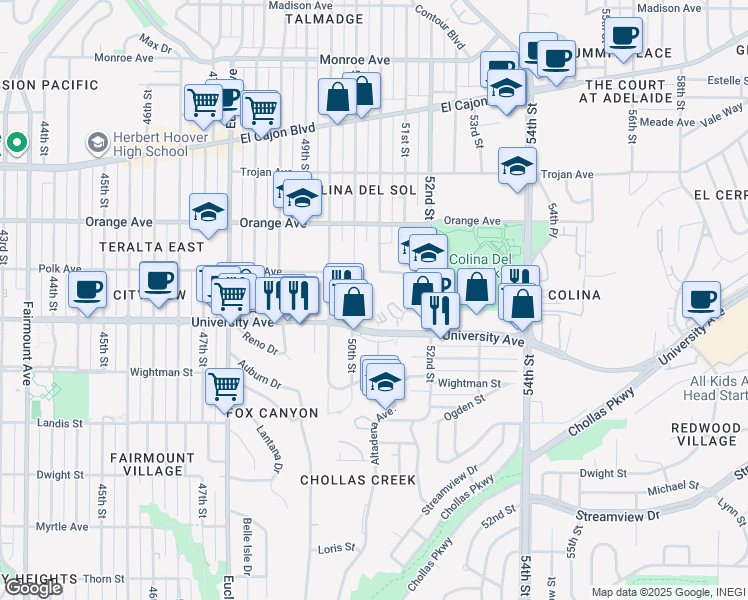 map of restaurants, bars, coffee shops, grocery stores, and more near 5063 Polk Avenue in San Diego