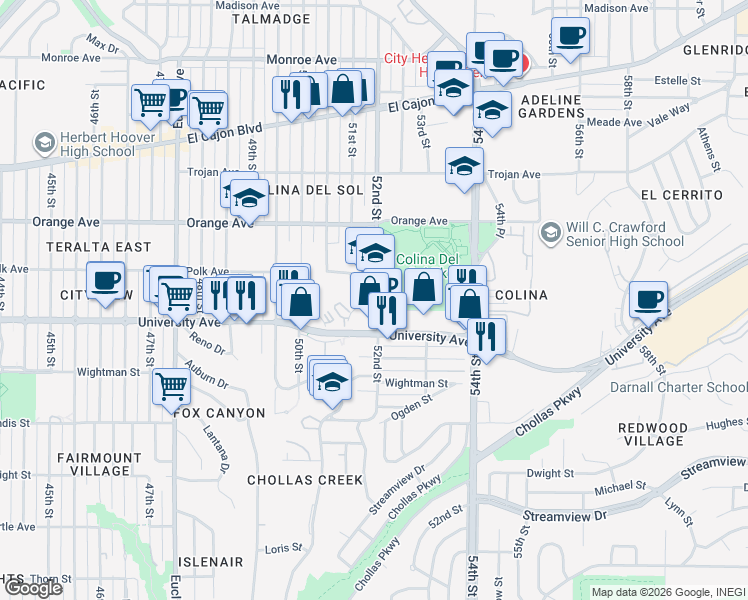 map of restaurants, bars, coffee shops, grocery stores, and more near 4048 52nd Street in San Diego