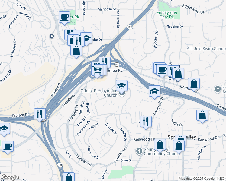 map of restaurants, bars, coffee shops, grocery stores, and more near 3943 Nereis Drive in La Mesa