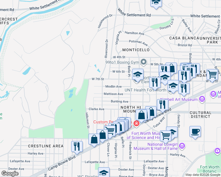 map of restaurants, bars, coffee shops, grocery stores, and more near 4051 Modlin Avenue in Fort Worth