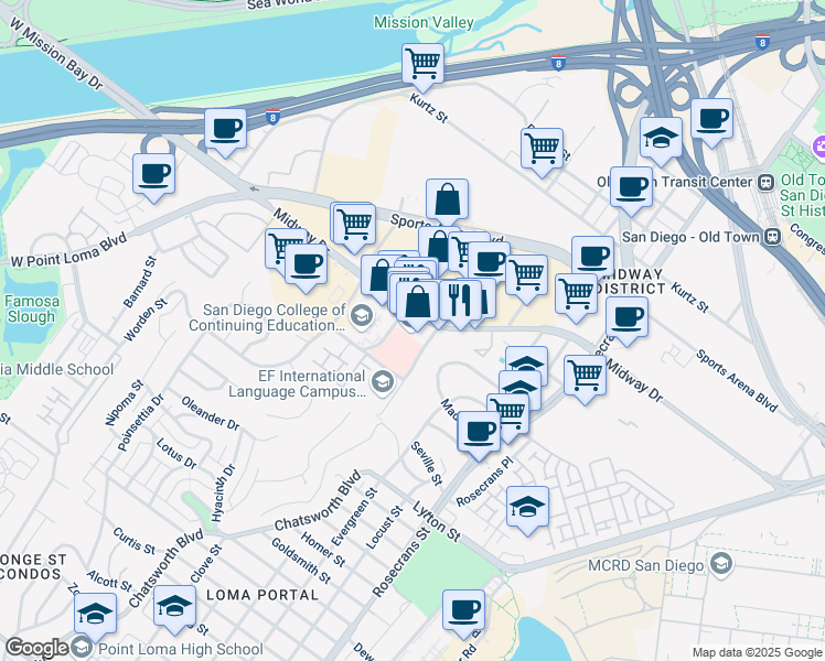 map of restaurants, bars, coffee shops, grocery stores, and more near 3450 Midway Drive in San Diego