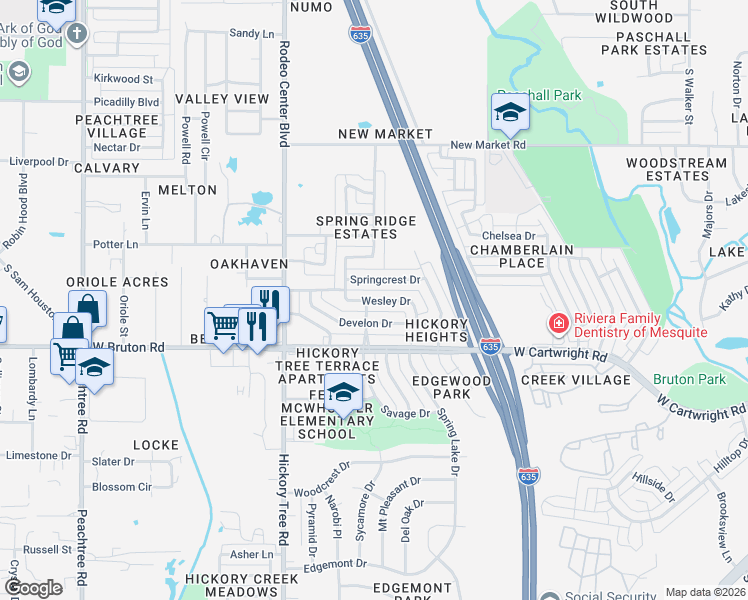 map of restaurants, bars, coffee shops, grocery stores, and more near 1430 Springcrest Drive in Mesquite