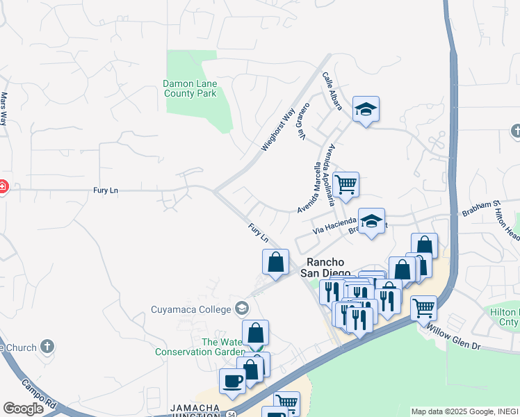 map of restaurants, bars, coffee shops, grocery stores, and more near 11688 Via Carlotta in El Cajon