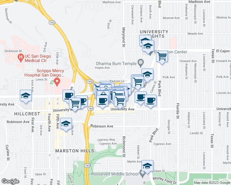 map of restaurants, bars, coffee shops, grocery stores, and more near 1270 Cleveland Avenue in San Diego