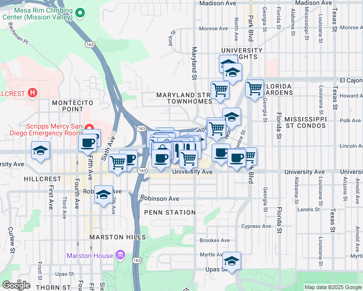 map of restaurants, bars, coffee shops, grocery stores, and more near 1270 Cleveland Avenue in San Diego