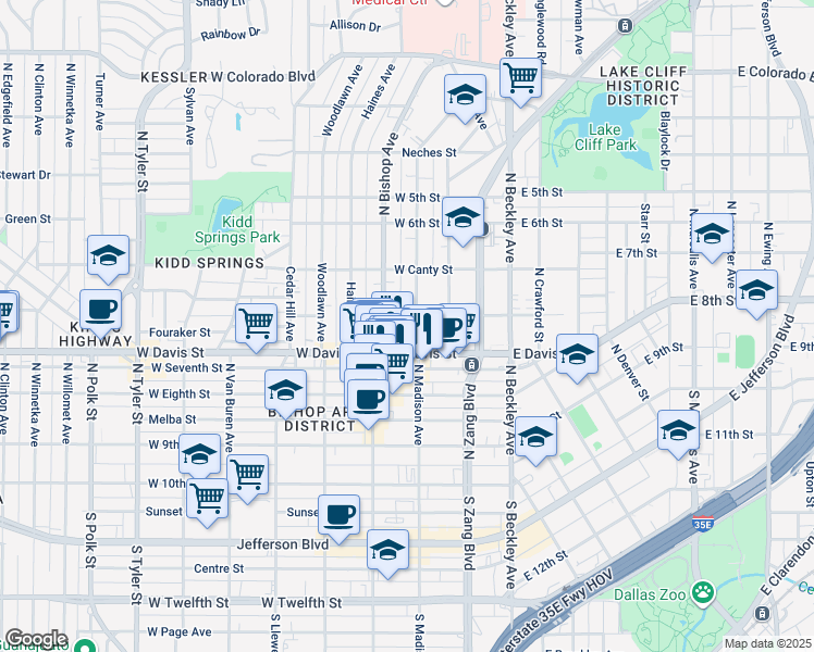 map of restaurants, bars, coffee shops, grocery stores, and more near 710 North Madison Avenue in Dallas