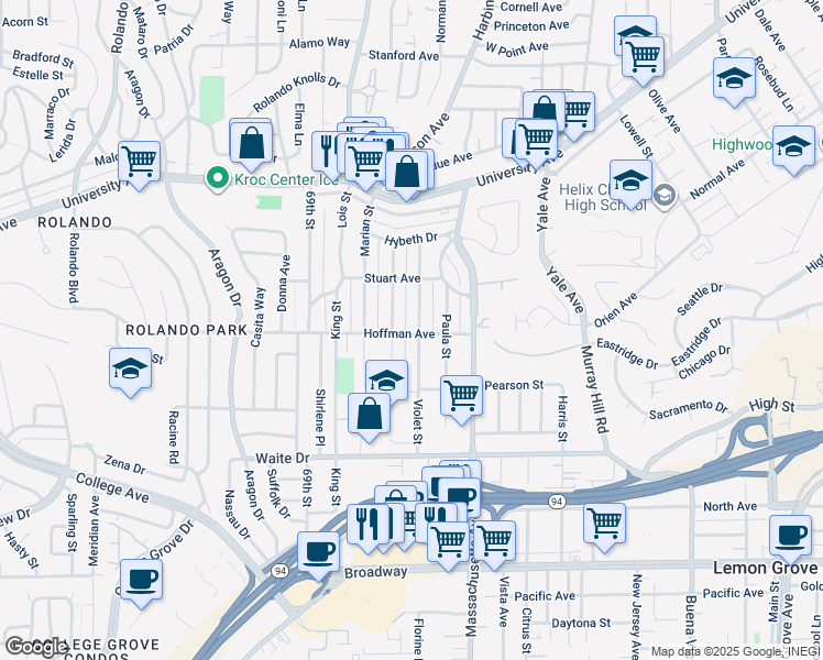map of restaurants, bars, coffee shops, grocery stores, and more near 4002 Violet Street in La Mesa