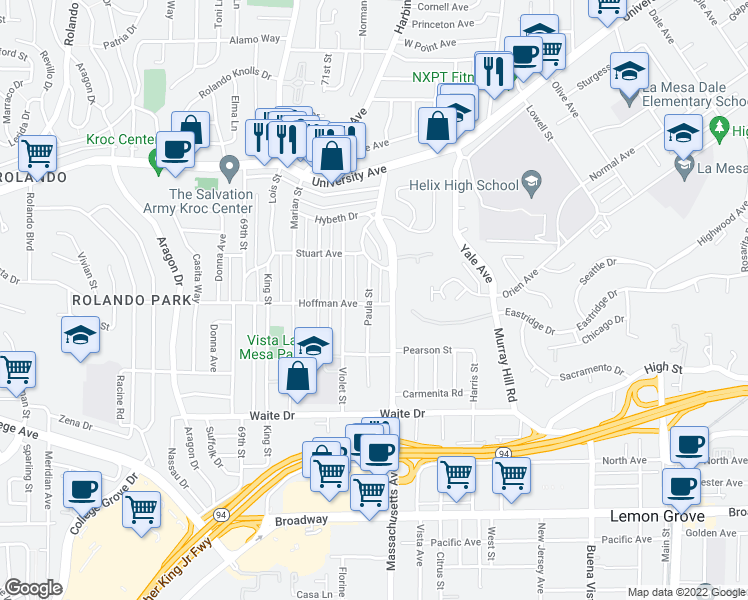 map of restaurants, bars, coffee shops, grocery stores, and more near 4003 Paula Street in La Mesa
