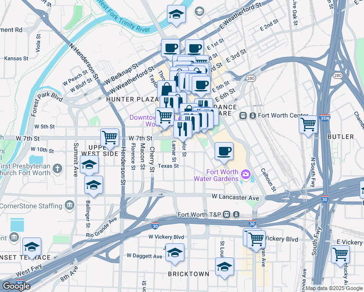 map of restaurants, bars, coffee shops, grocery stores, and more near 307-309 West 7th Street in Fort Worth