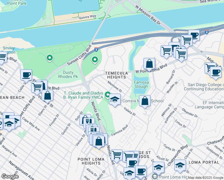 map of restaurants, bars, coffee shops, grocery stores, and more near 2615 Clovis Street in San Diego
