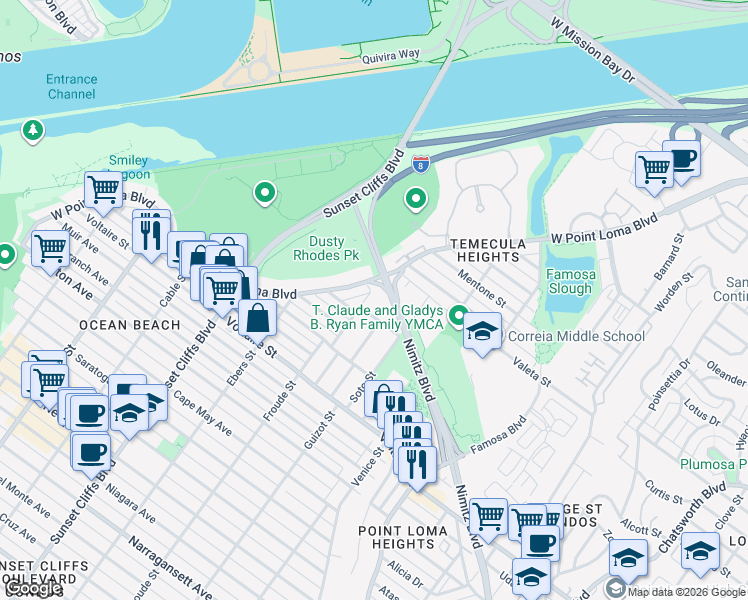 map of restaurants, bars, coffee shops, grocery stores, and more near 2401 Seaside Street in San Diego