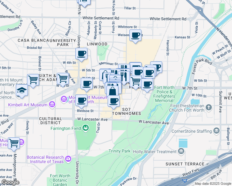 map of restaurants, bars, coffee shops, grocery stores, and more near 2710 West 7th Street in Fort Worth