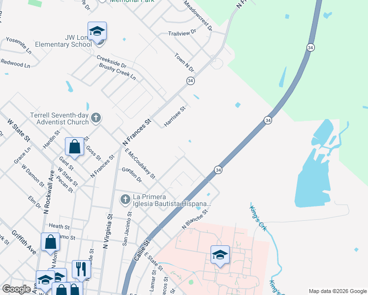 map of restaurants, bars, coffee shops, grocery stores, and more near 217 Rose St in Terrell