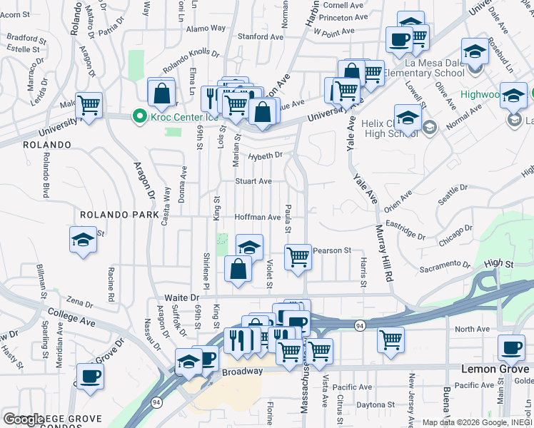 map of restaurants, bars, coffee shops, grocery stores, and more near 4002 Violet Street in La Mesa