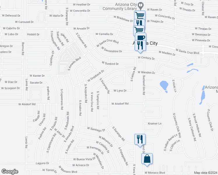 map of restaurants, bars, coffee shops, grocery stores, and more near 14097 South Tampico Road in Arizona City