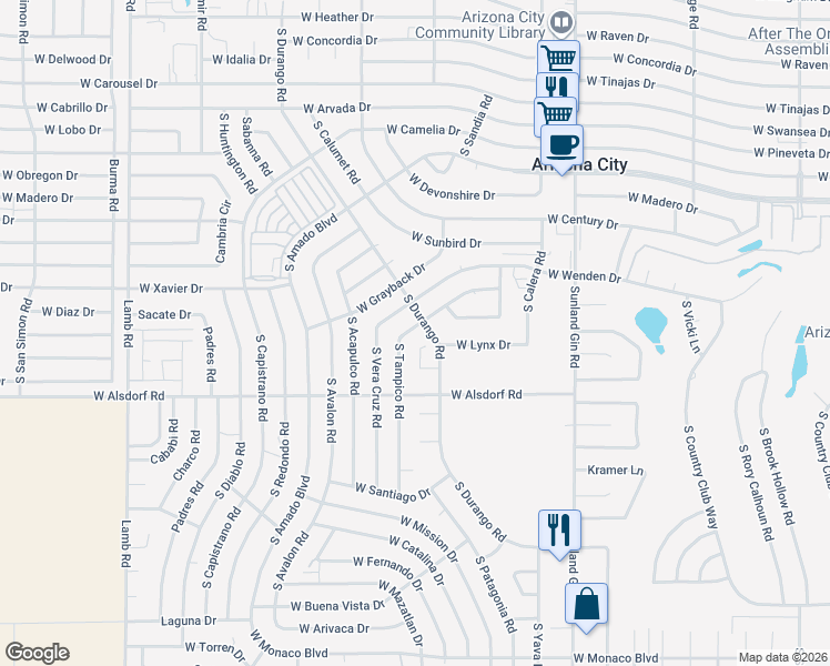 map of restaurants, bars, coffee shops, grocery stores, and more near 14147 South Vera Cruz Road in Arizona City