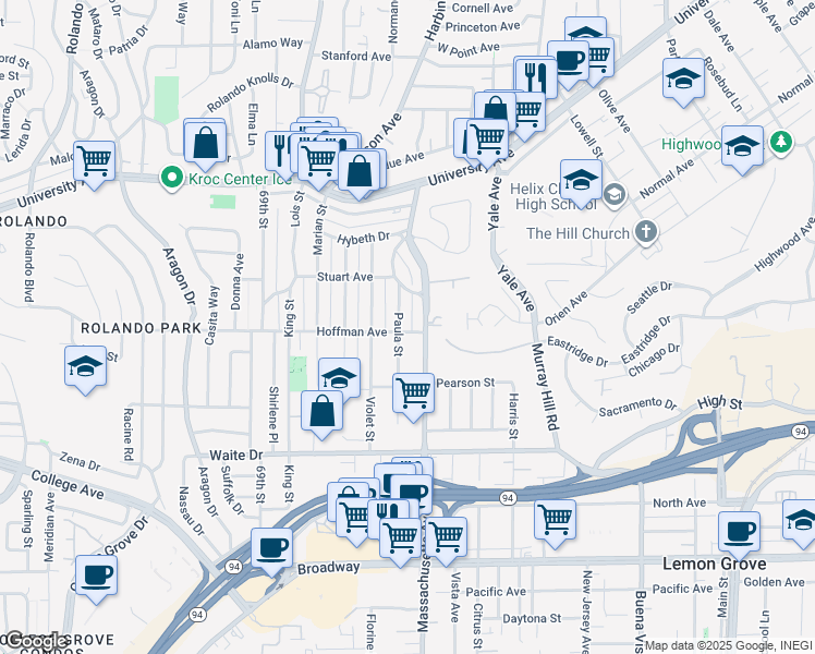 map of restaurants, bars, coffee shops, grocery stores, and more near 4033 Paula Street in La Mesa