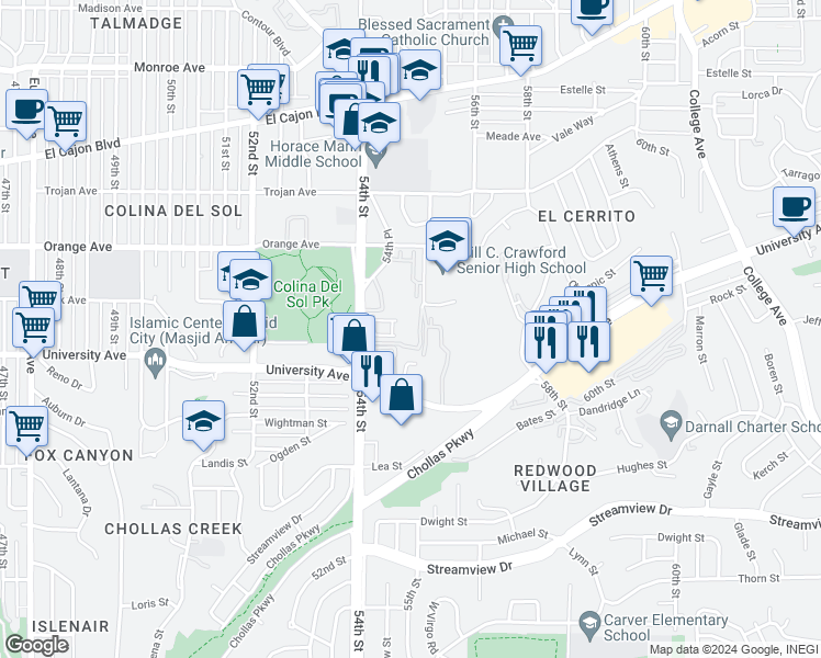 map of restaurants, bars, coffee shops, grocery stores, and more near 4117 54th Place in San Diego