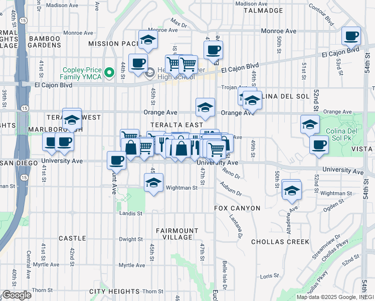 map of restaurants, bars, coffee shops, grocery stores, and more near 4018 Menlo Avenue in San Diego