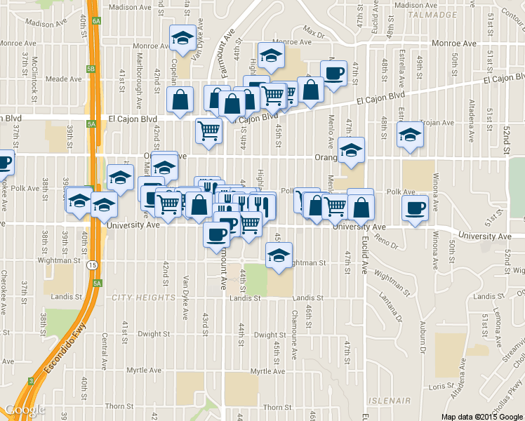 map of restaurants, bars, coffee shops, grocery stores, and more near 4076 Highland Avenue in San Diego