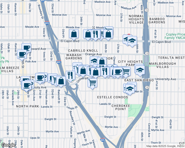 map of restaurants, bars, coffee shops, grocery stores, and more near 4064 35th Street in San Diego