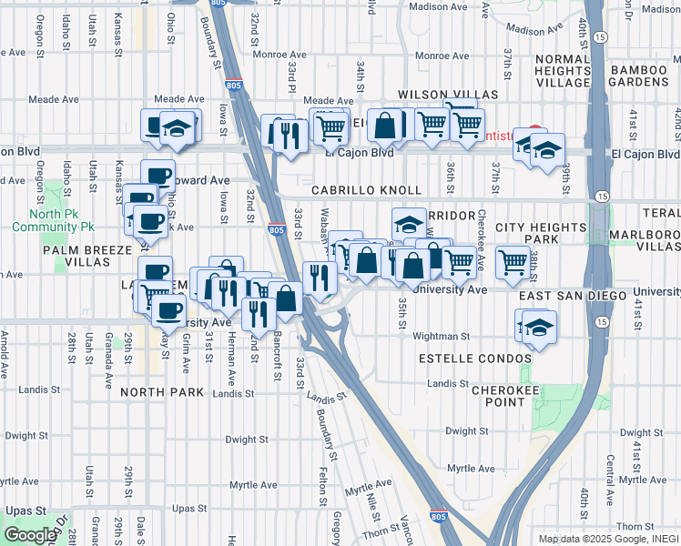 map of restaurants, bars, coffee shops, grocery stores, and more near 4048 Wabash Avenue in San Diego