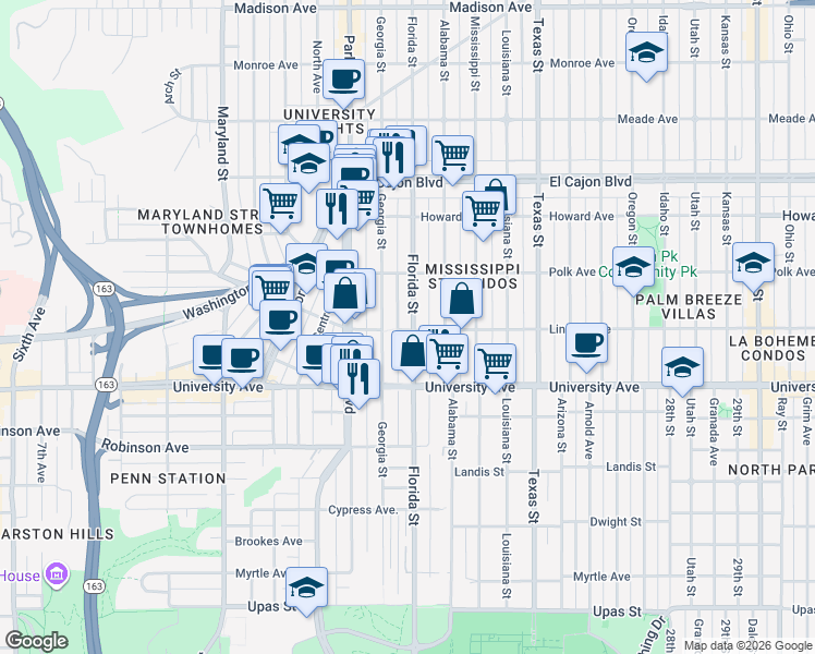 map of restaurants, bars, coffee shops, grocery stores, and more near 4034 Florida Street in San Diego