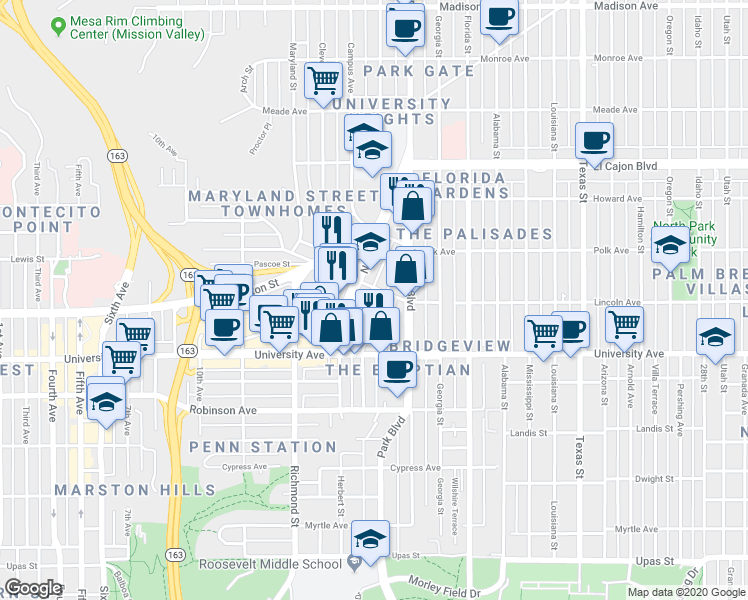 map of restaurants, bars, coffee shops, grocery stores, and more near 3983 Normal Street in San Diego