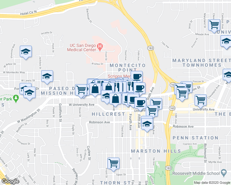 map of restaurants, bars, coffee shops, grocery stores, and more near 4057 1st Avenue in San Diego