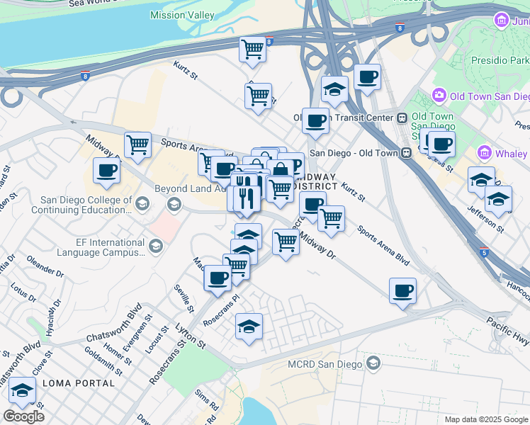 map of restaurants, bars, coffee shops, grocery stores, and more near 3140 Midway Drive in San Diego