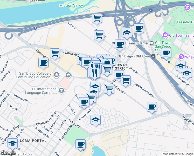map of restaurants, bars, coffee shops, grocery stores, and more near 3166 Midway Drive in San Diego