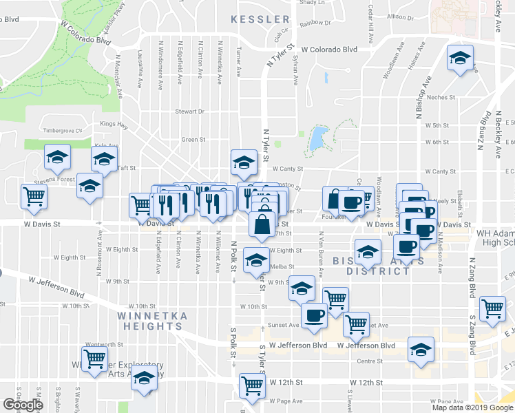 map of restaurants, bars, coffee shops, grocery stores, and more near 630 Turner Avenue in Dallas