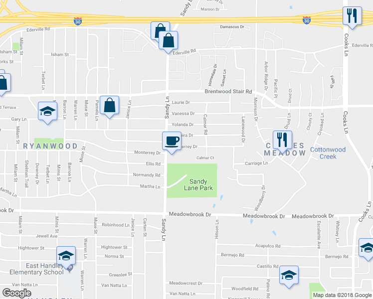map of restaurants, bars, coffee shops, grocery stores, and more near 7425 Monterrey Drive in Fort Worth