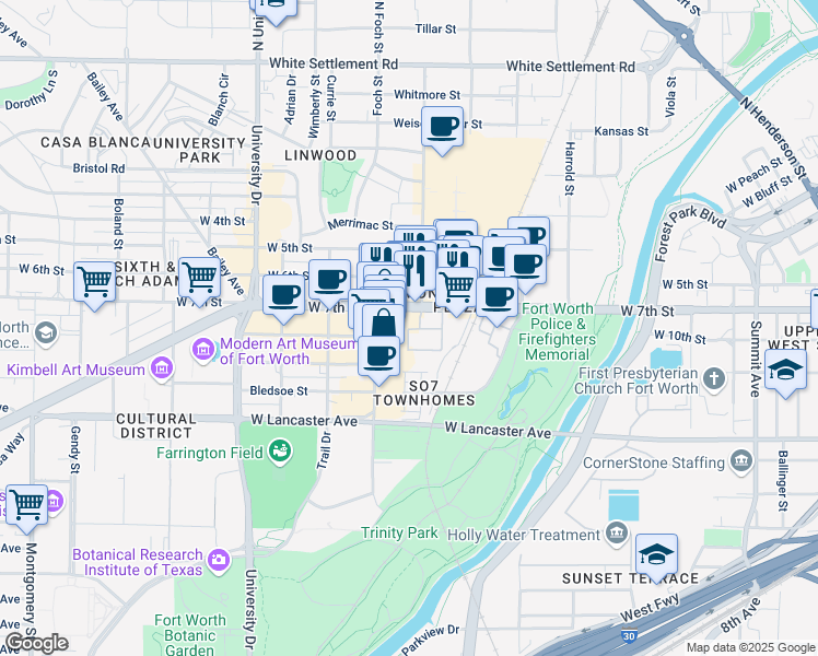 map of restaurants, bars, coffee shops, grocery stores, and more near in Fort Worth
