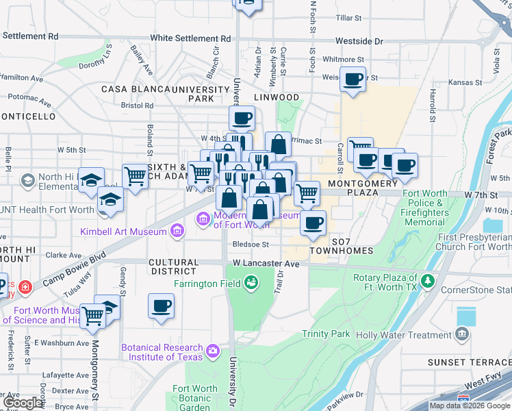 map of restaurants, bars, coffee shops, grocery stores, and more near 3001 West 7th Street in Fort Worth
