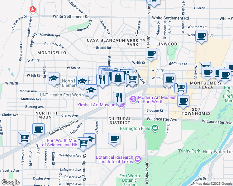 map of restaurants, bars, coffee shops, grocery stores, and more near in Fort Worth